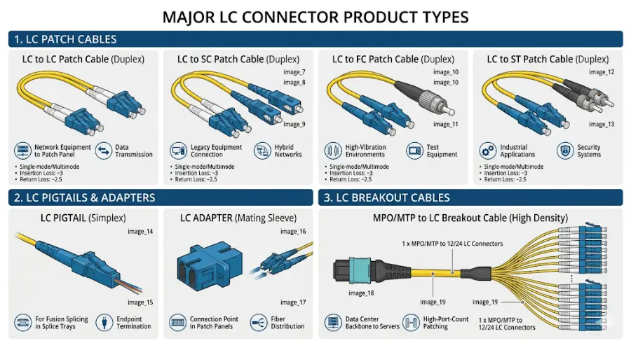 Main LC connector product types including patch cables, adapters, pigtails, and breakout assemblies