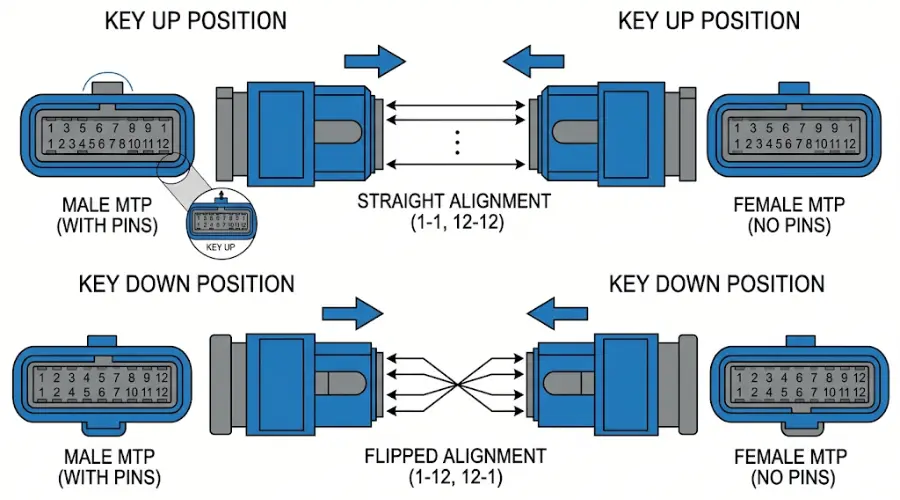 MTP connector key up and key down orientation diagram for fiber alignment