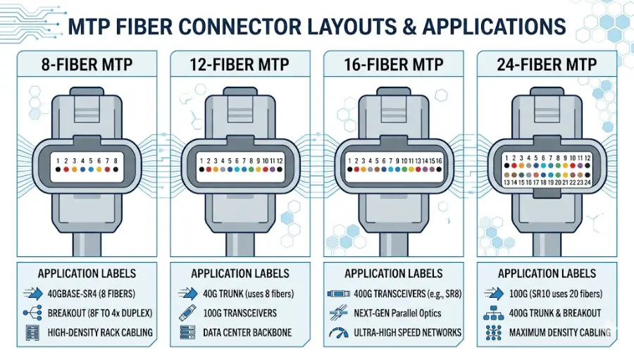 MTP connector fiber count comparison showing 8 fiber 12 fiber 16 fiber and 24 fiber layouts MTP connector fiber count comparison showing 8 fiber 12 fiber 16 fiber and 24 fiber layouts