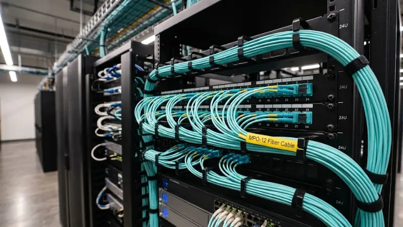 MPO-12 fiber cable connected to high-density data center patch panels MPO-12 fiber cable connected to high-density data center patch panels