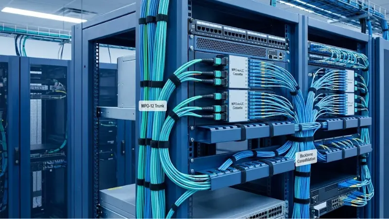 MPO-12 trunk cable connected to MPO-to-LC cassettes in a data center backbone MPO-12 trunk cable connected to MPO-to-LC cassettes in a data center backbone